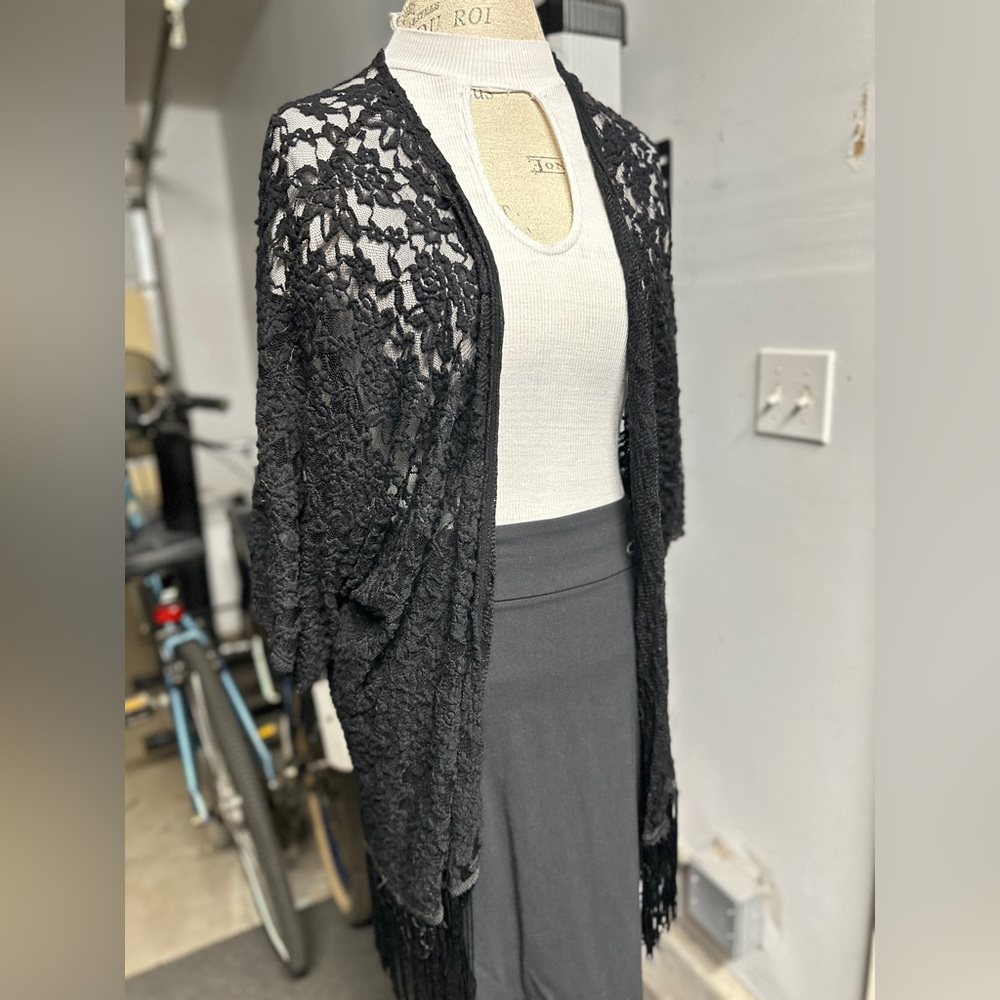 Mauve Black Cardigan Sweater with Intricate Lace Design